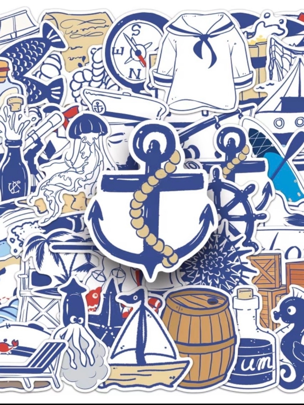 50 Blue White Nautical Stickers Anchor Ship Sailor Fish Lighthouse Rope Shell - Picture 1 of 16